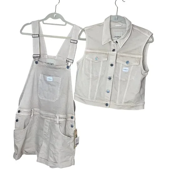 Calvin Klein Womens Overalls Vest Set Beige Size Large Cuffed Shorts Bib Y2K - Picture 12 of 15